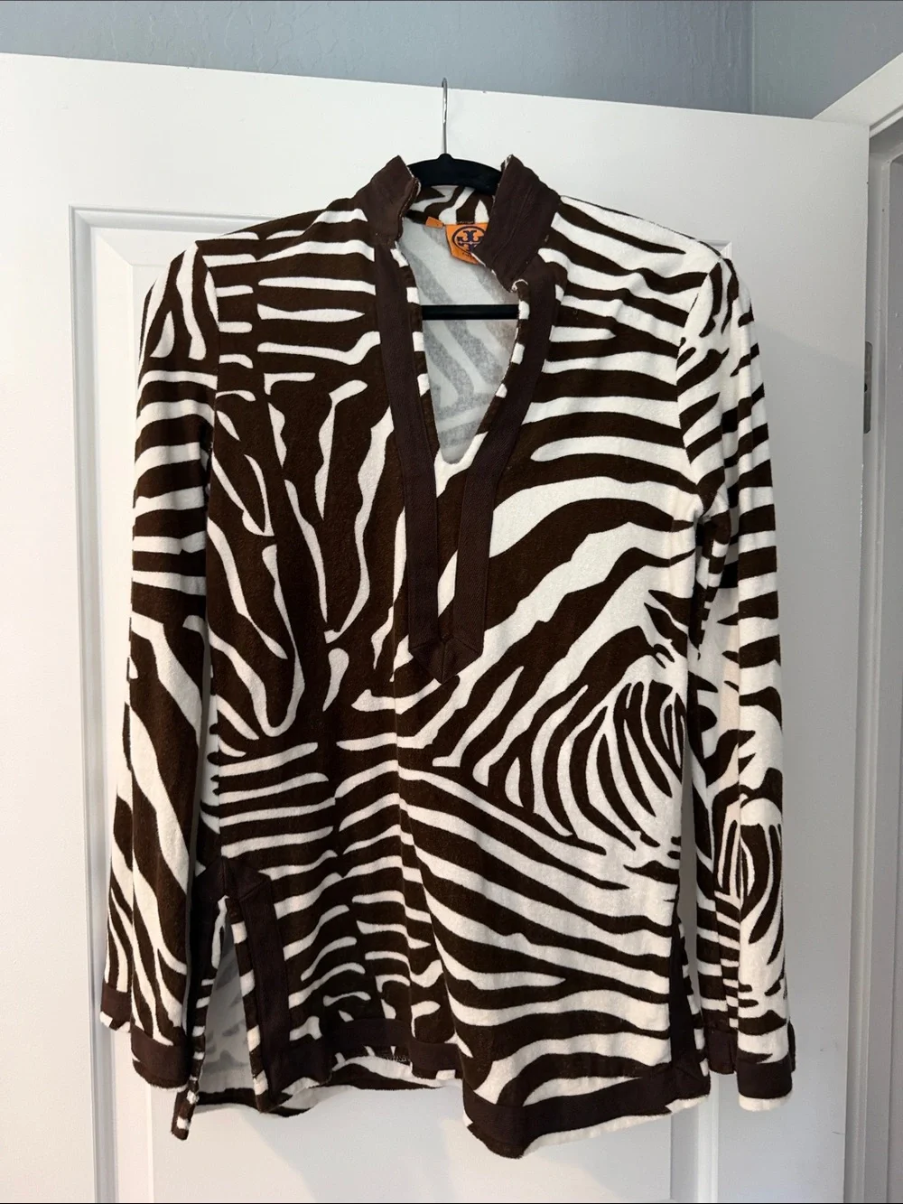 Tory Burch Brown and White Zebra-Print Pullover